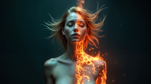 Visualizing inflammation: A person's body is split, one side depicting a calm, healthy state with cool tones, and the other showing active, fiery inflammation with warm colors