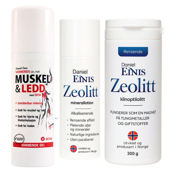 Varme, Detox & Hud-pakken (Zeolitt Lotion + Muskel & Ledd 120ml + Zeolitt Powder)