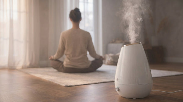 Person mediterer i rolig rom med luftfukter – bedre inneklima med Sunnpust