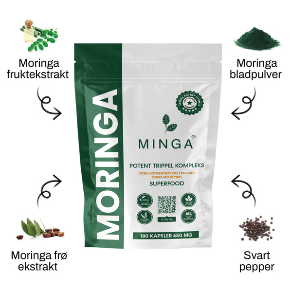 Moringa Kapsler - 3 MND. Forbruk - Premium Potent Trippel Kompleks - 180 Kapsler 650mg