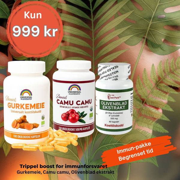 "Immun-pakke med Gurkemeie, Camu Camu og Olivenblad ekstrakt - trippel boost for immunforsvaret, 999 kr"