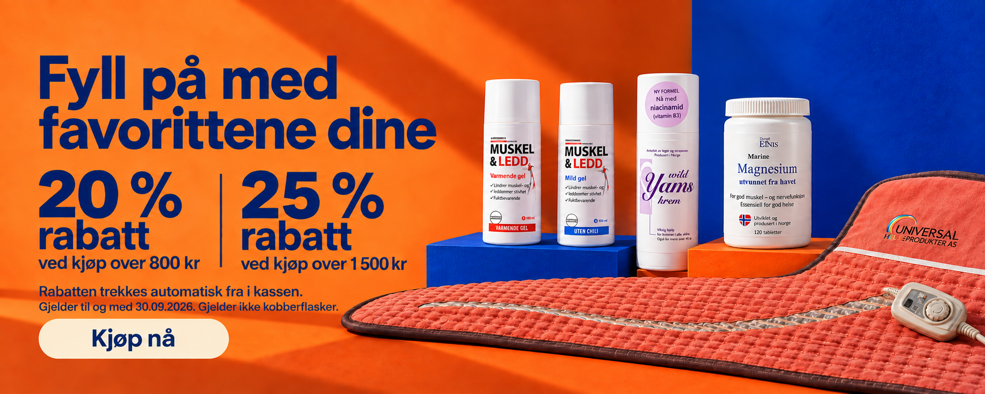 Fyll på med favorittene dine. 20 % rabatt ved kjøp over 800 kr. 25 % rabatt ved kjøp over 1 500 kr. Rabatten trekkes automatisk fra i kassen. Til og med 30.09.2026. Gjelder ikke kobberflasker. Kjøp nå.